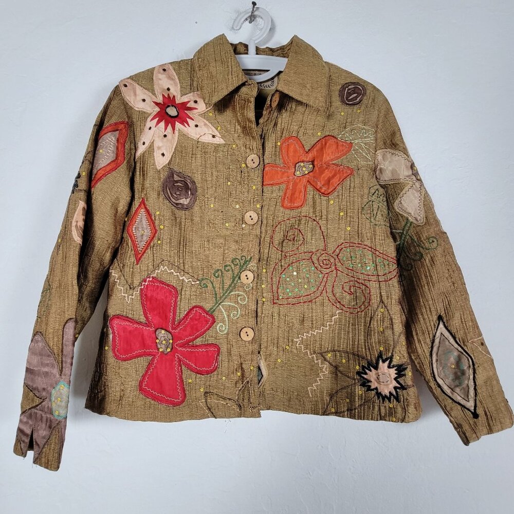 Life Style Petite Womens Floral Embroidered Button-Front Jacket PS Brown Artsy
